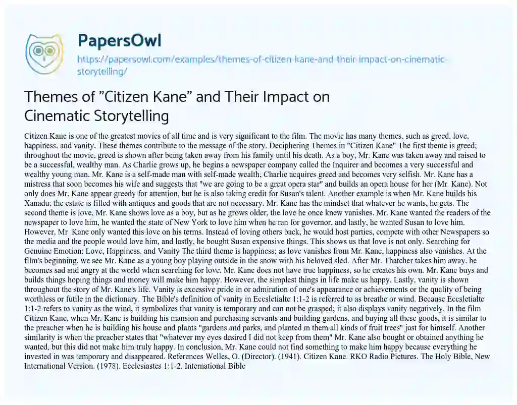 Essay on Themes of “Citizen Kane” and their Impact on Cinematic Storytelling