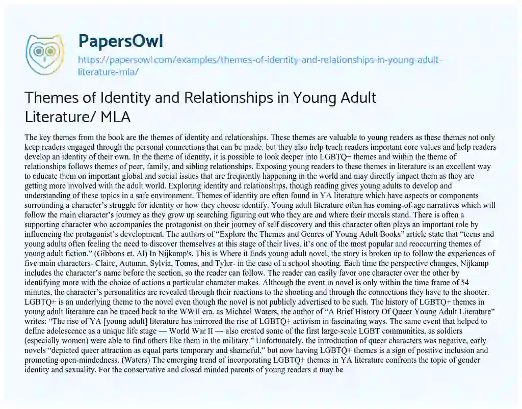 Themes of Identity and Relationships in Young Adult Literature/ MLA essay