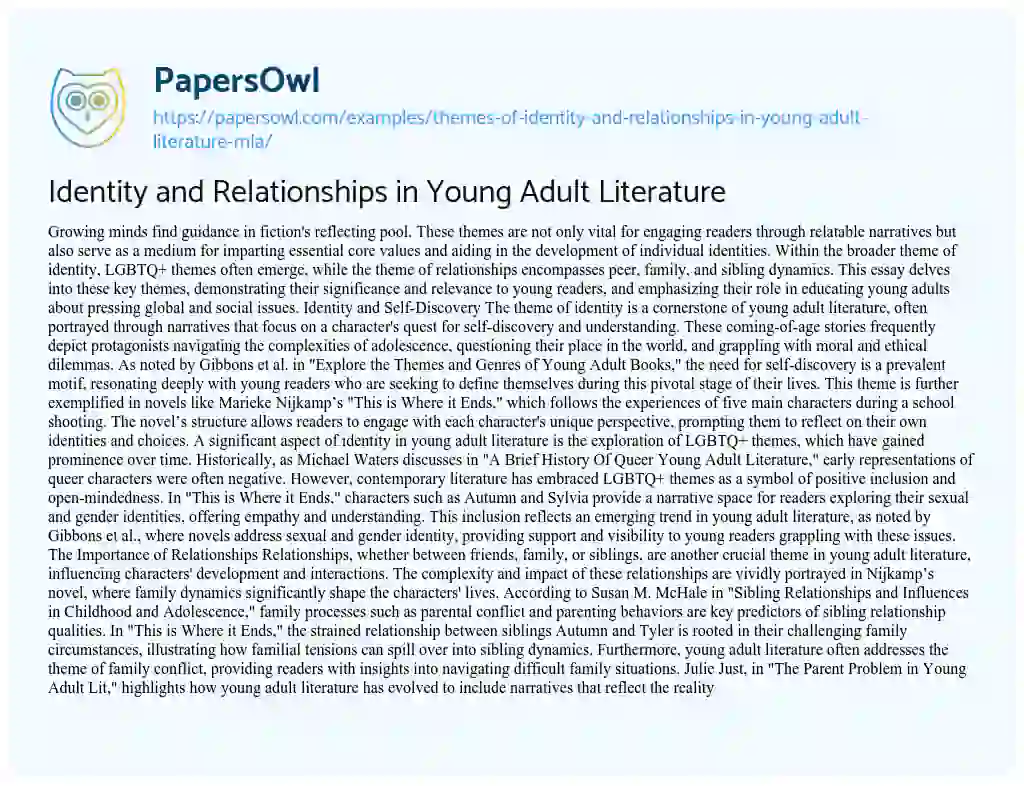 Essay on Themes of Identity and Relationships in Young Adult Literature/ MLA