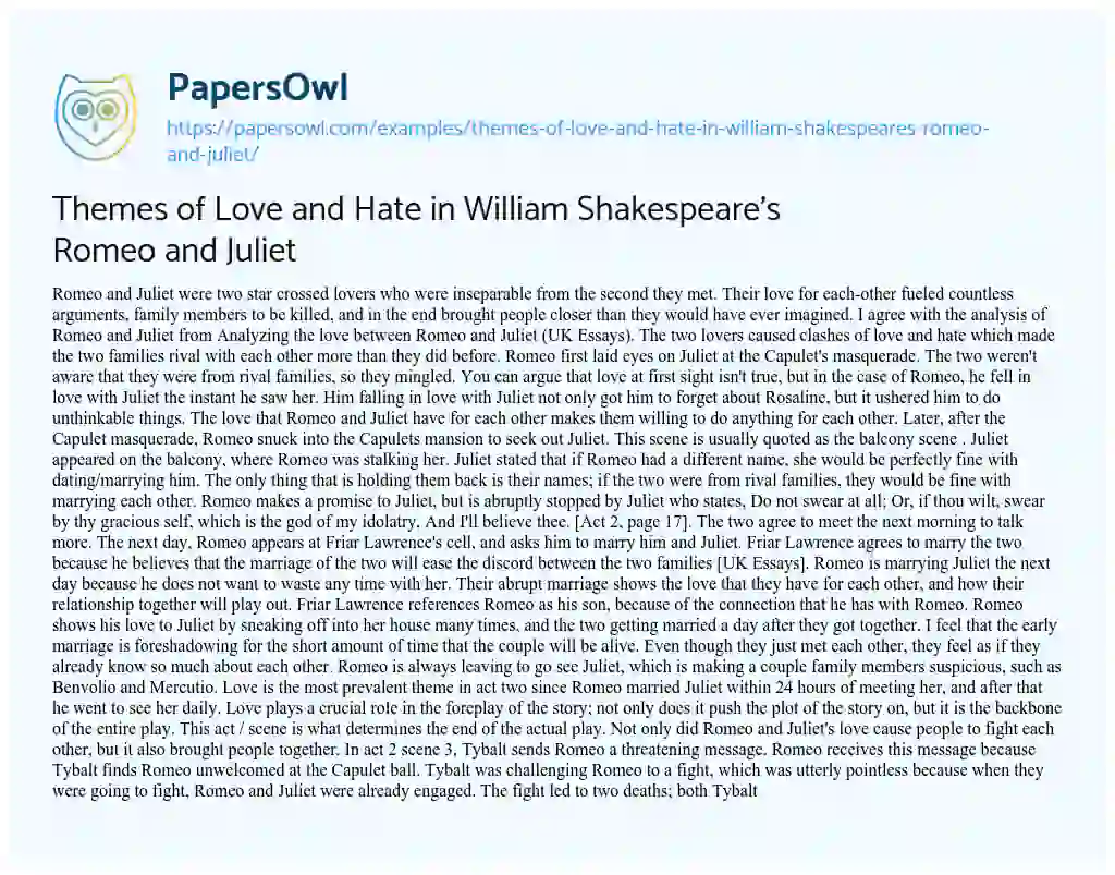 Themes of Love and Hate in William Shakespeare’s Romeo and Juliet essay