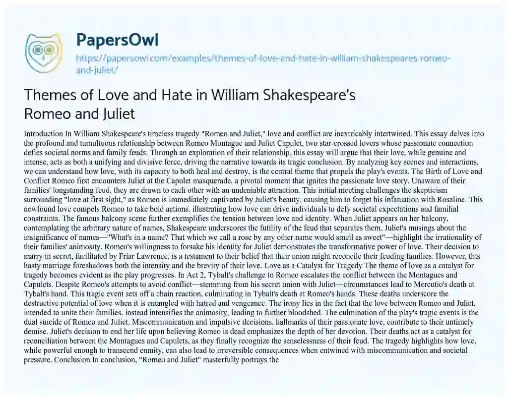 romeo and juliet hate theme essays