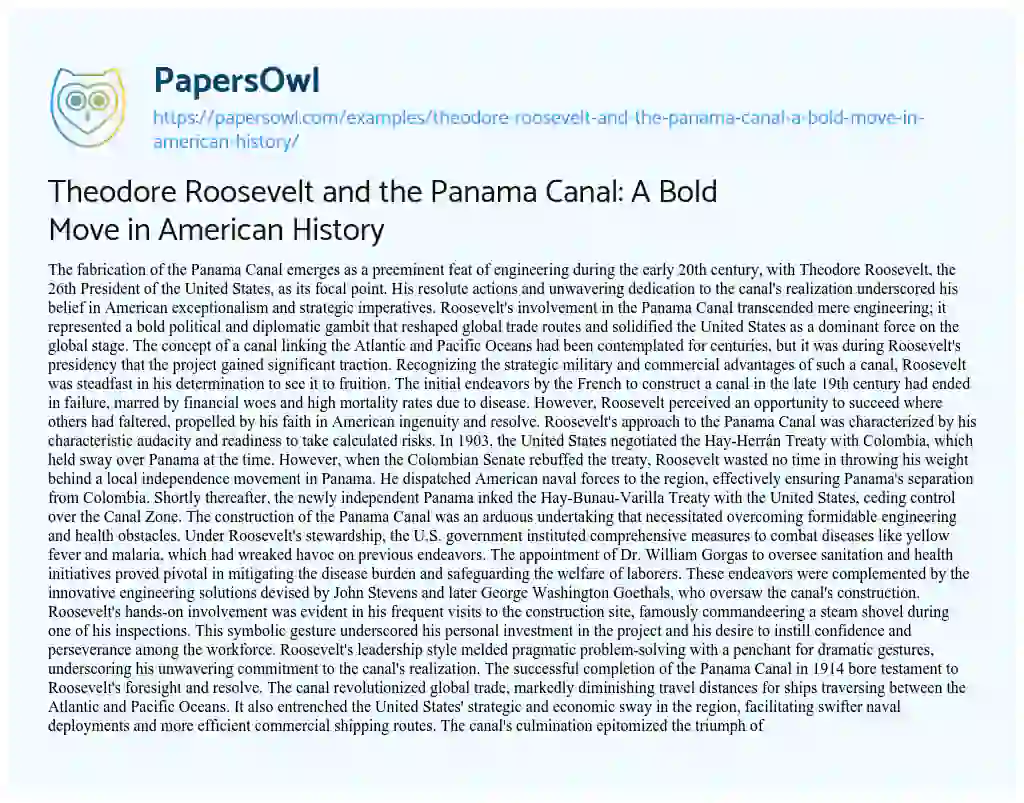 Essay on Theodore Roosevelt and the Panama Canal: a Bold Move in American History