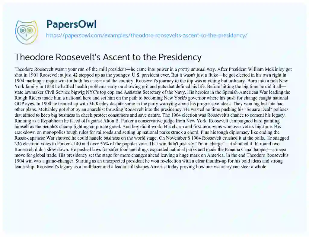 Essay on Theodore Roosevelt’s Ascent to the Presidency