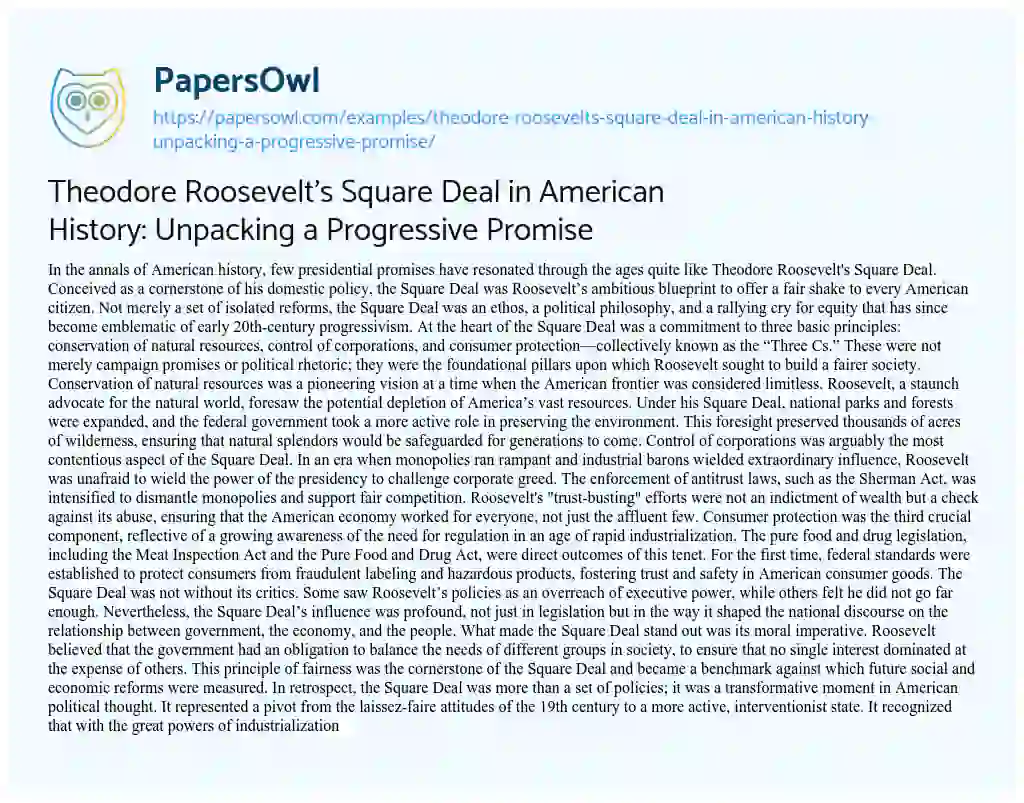 Essay on Theodore Roosevelt’s Square Deal in American History: Unpacking a Progressive Promise