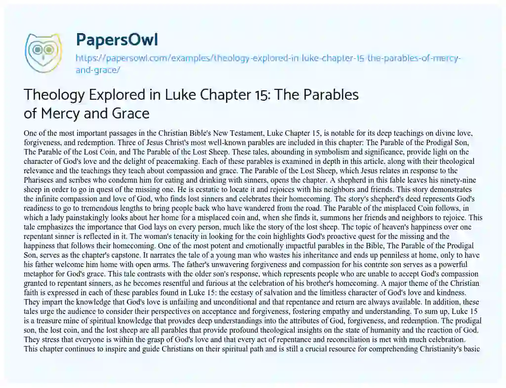 Essay on Theology Explored in Luke Chapter 15: the Parables of Mercy and Grace
