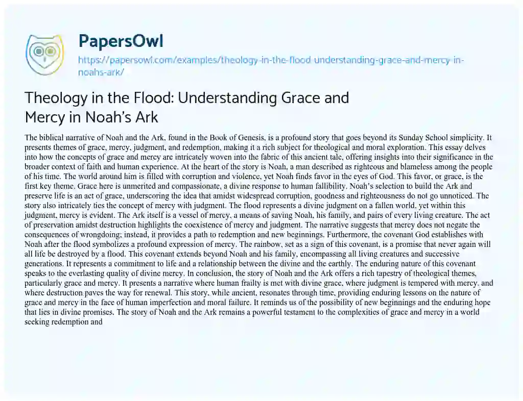 Essay on Theology in the Flood: Understanding Grace and Mercy in Noah’s Ark