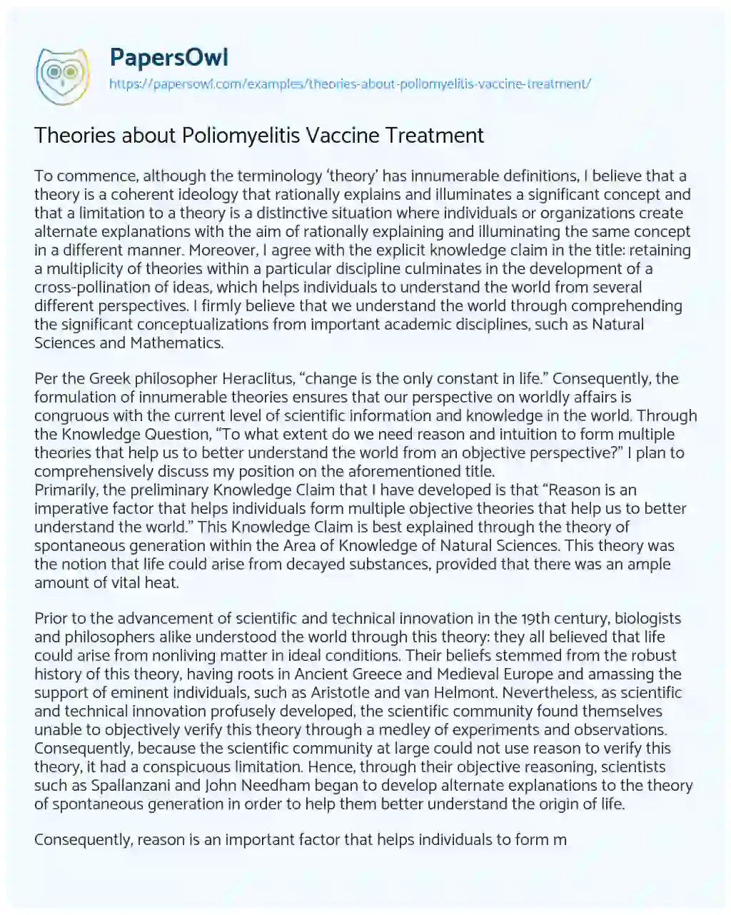 Essay on Theories about Poliomyelitis Vaccine Treatment