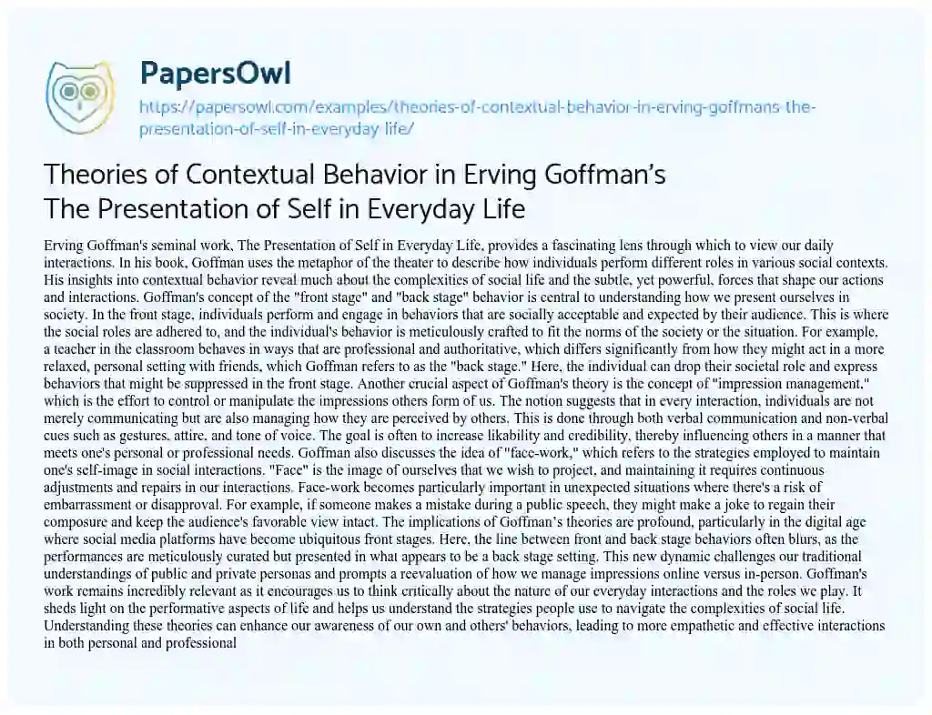 Essay on Theories of Contextual Behavior in Erving Goffman’s the Presentation of Self in Everyday Life