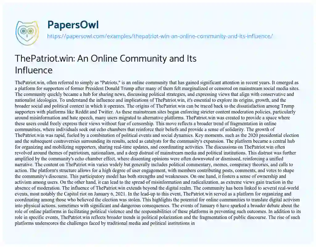Essay on ThePatriot.win: an Online Community and its Influence