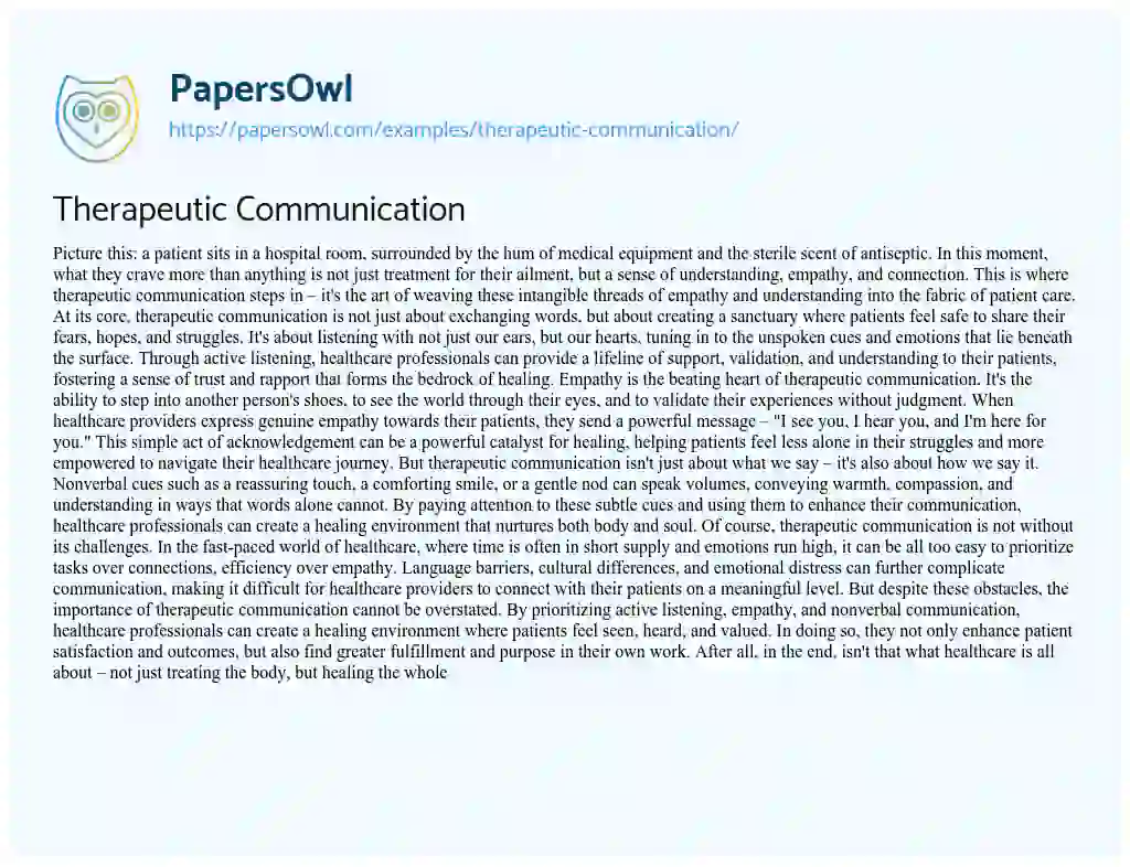 Essay on Therapeutic Communication