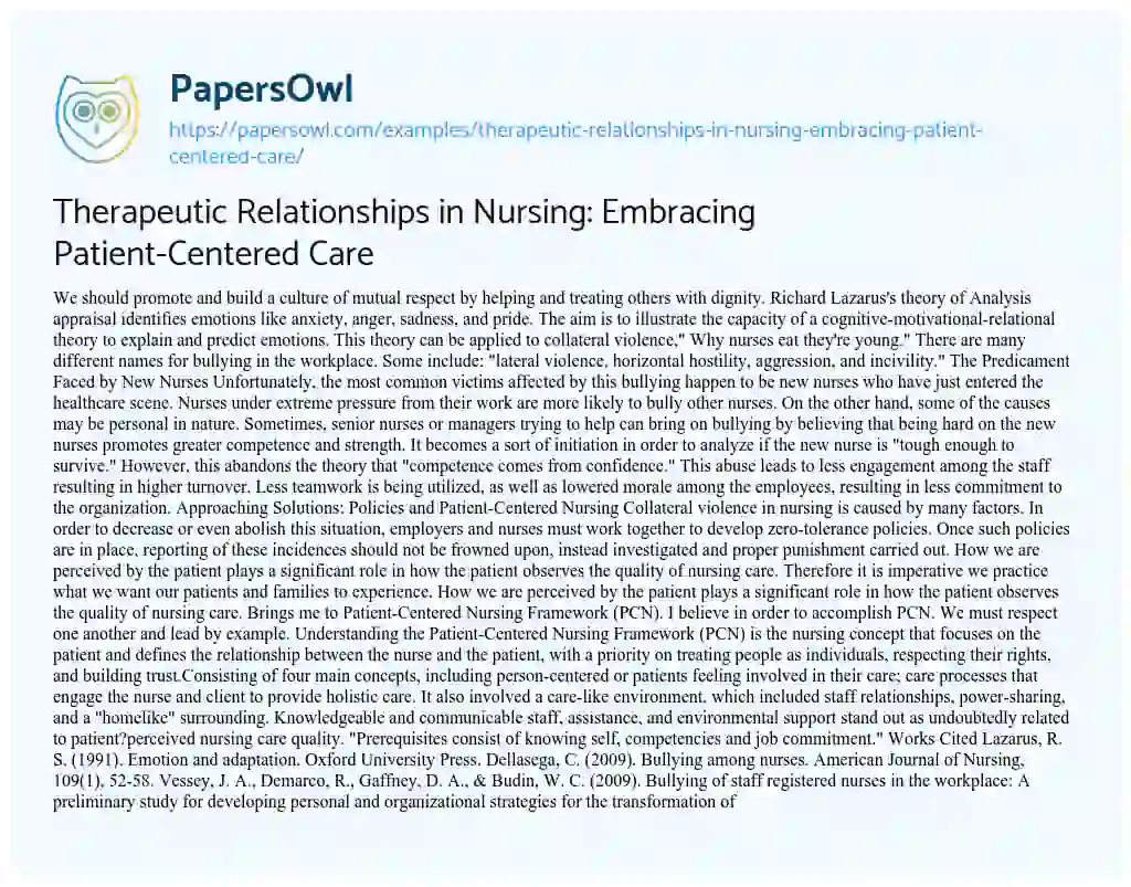 Essay on Therapeutic Relationships in Nursing: Embracing Patient-Centered Care