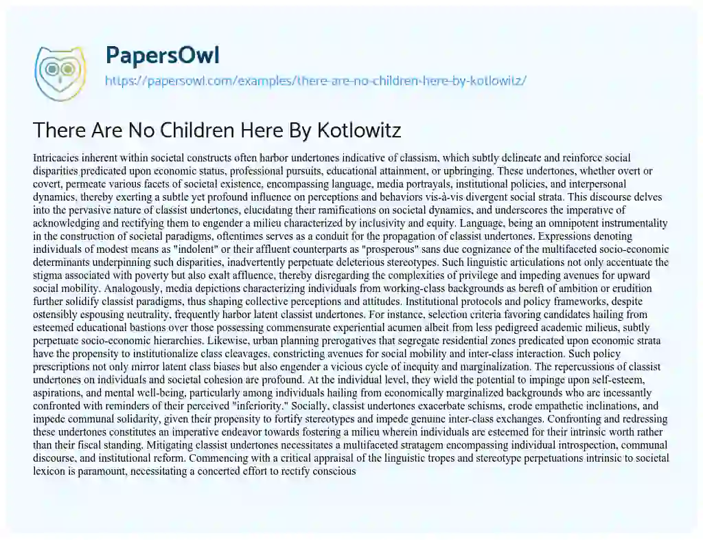 Essay on There are no Children here by Kotlowitz