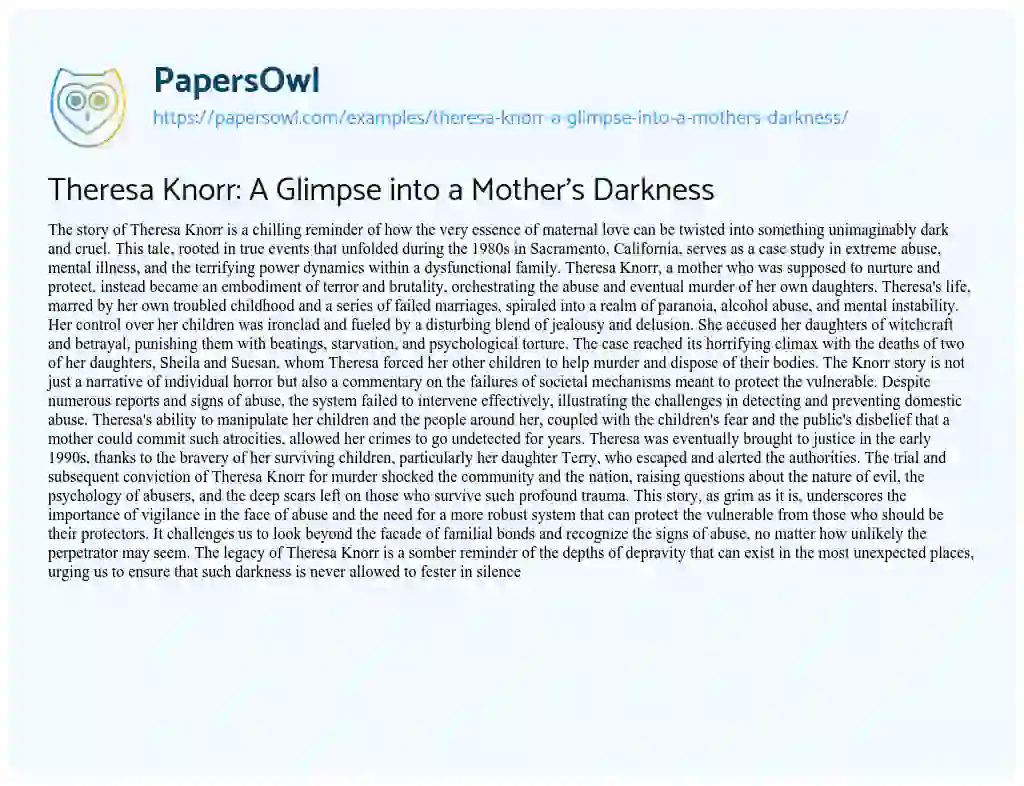 Essay on Theresa Knorr: a Glimpse into a Mother’s Darkness