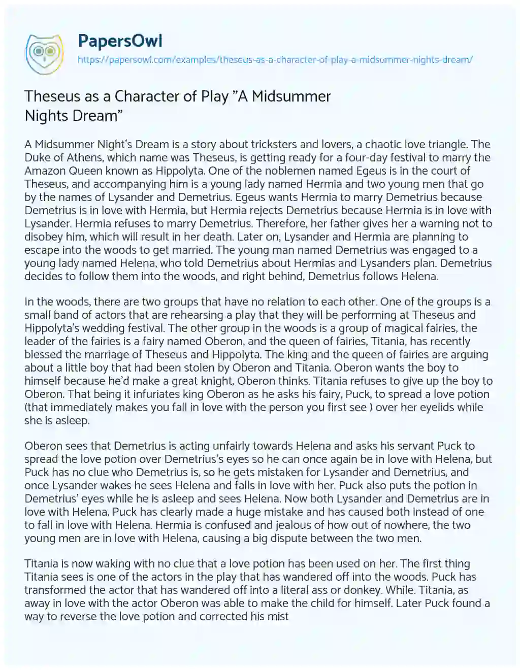 Essay on Theseus as a Character of Play “A Midsummer Nights Dream”