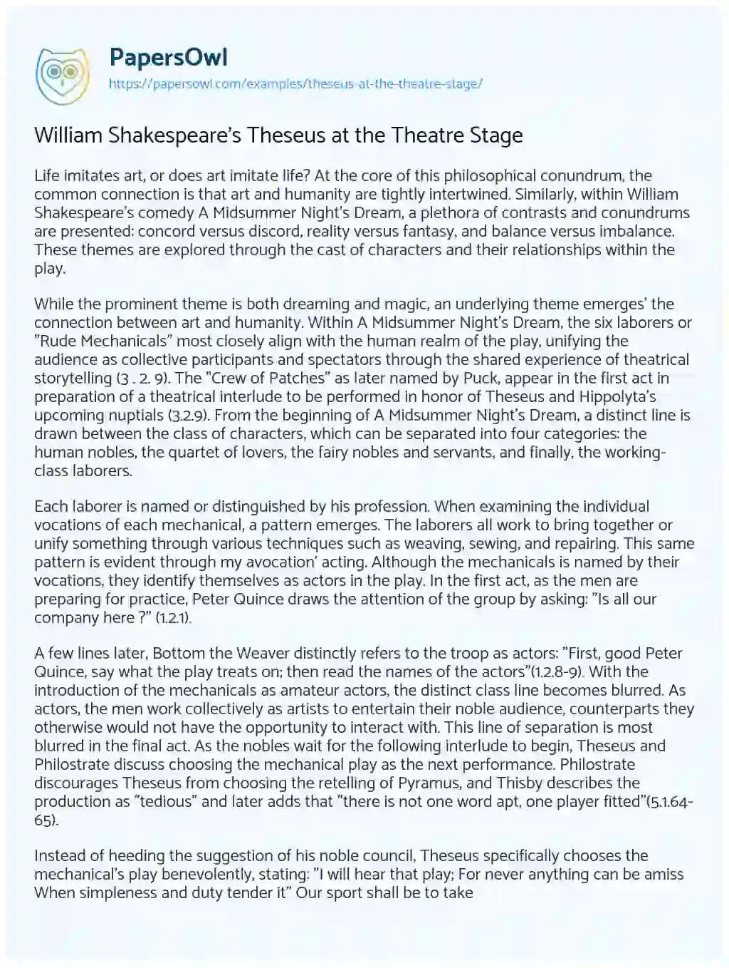 Essay on William Shakespeare’s Theseus at the Theatre Stage