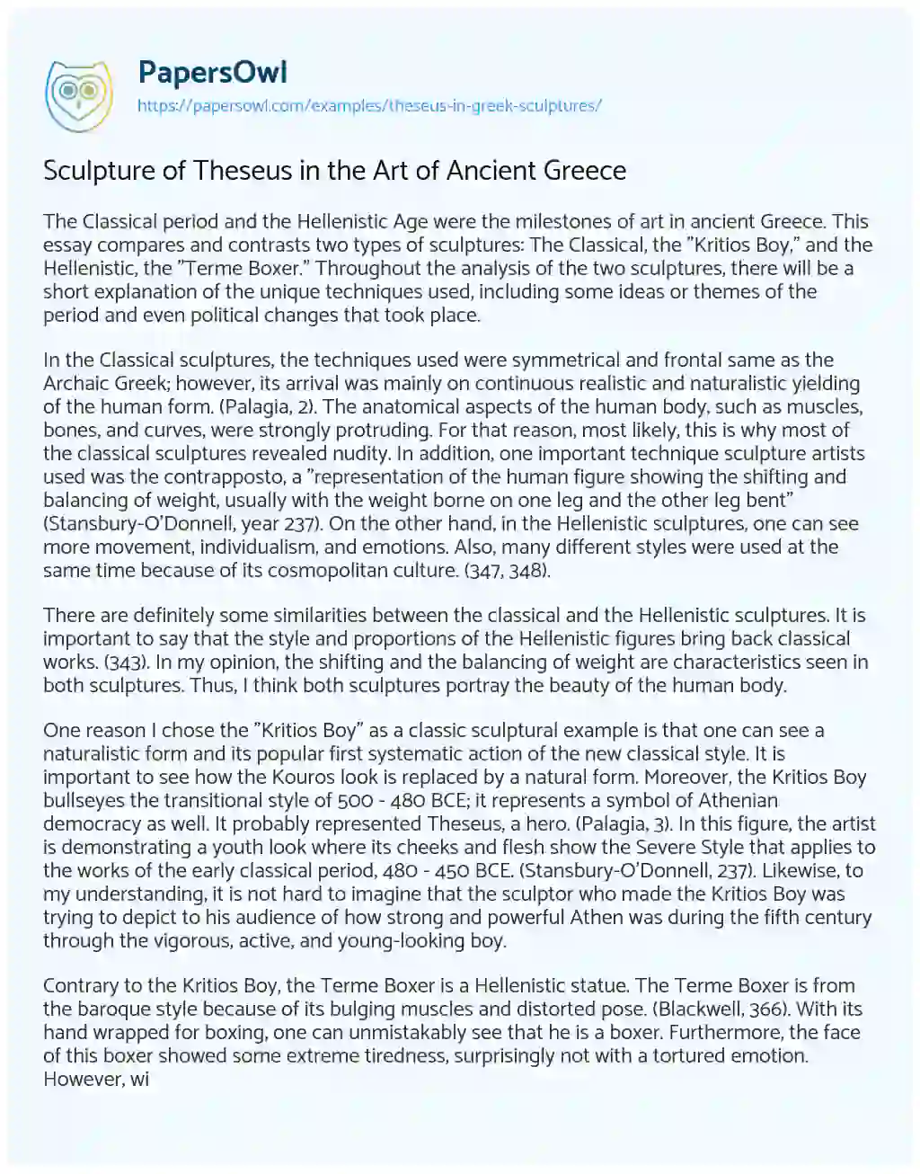 Essay on Sculpture of Theseus in the Art of Ancient Greece