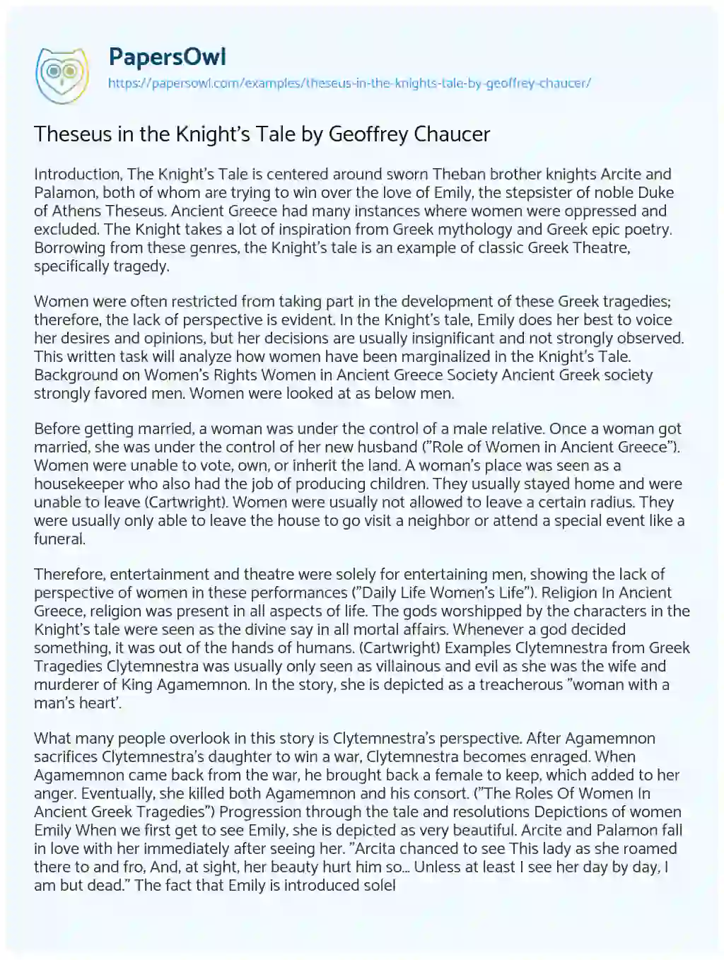 Essay on Theseus in the Knight’s Tale by Geoffrey Chaucer