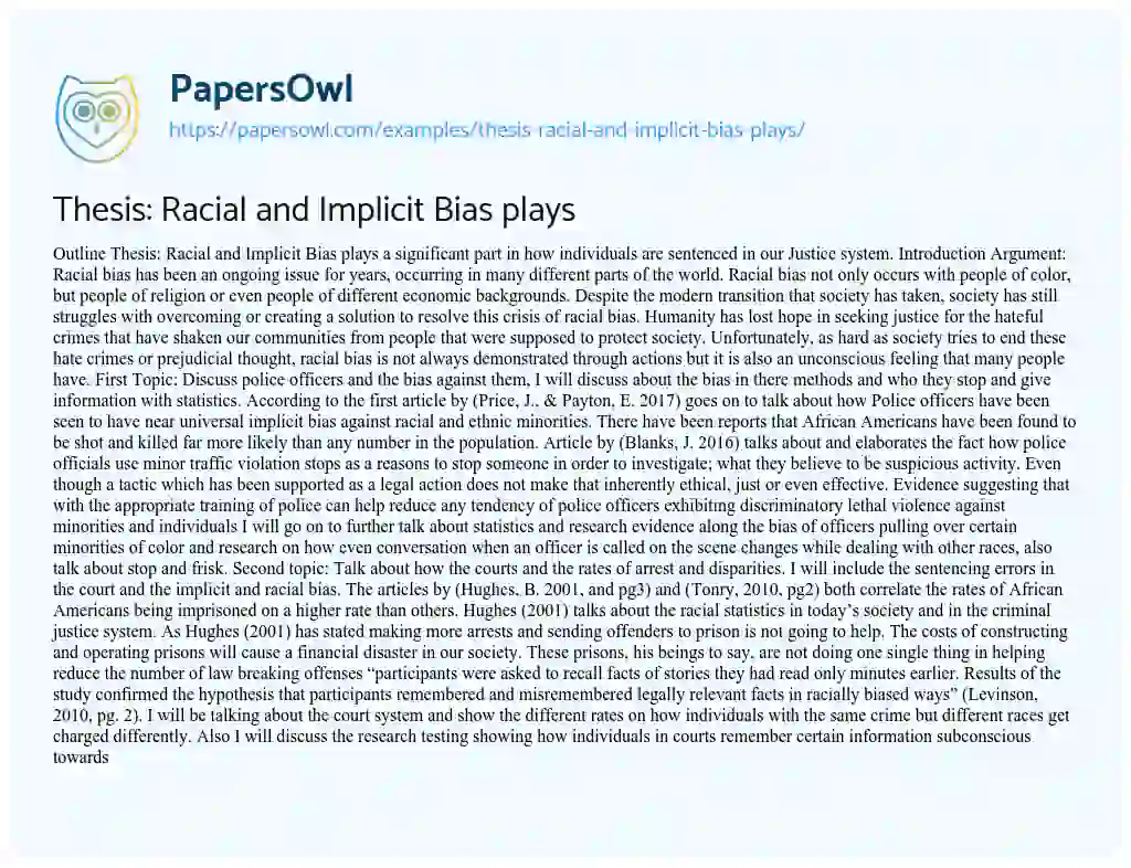 Essay on Thesis: Racial and Implicit Bias Plays
