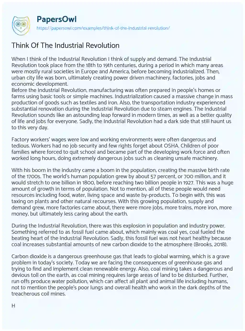 Essay on Think of the Industrial Revolution