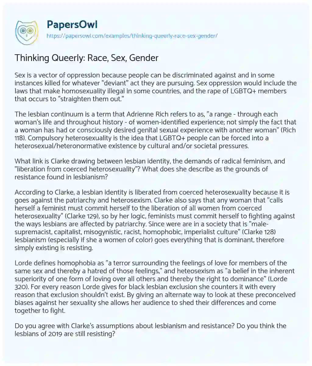 Essay on Thinking Queerly: Race, Sex, Gender