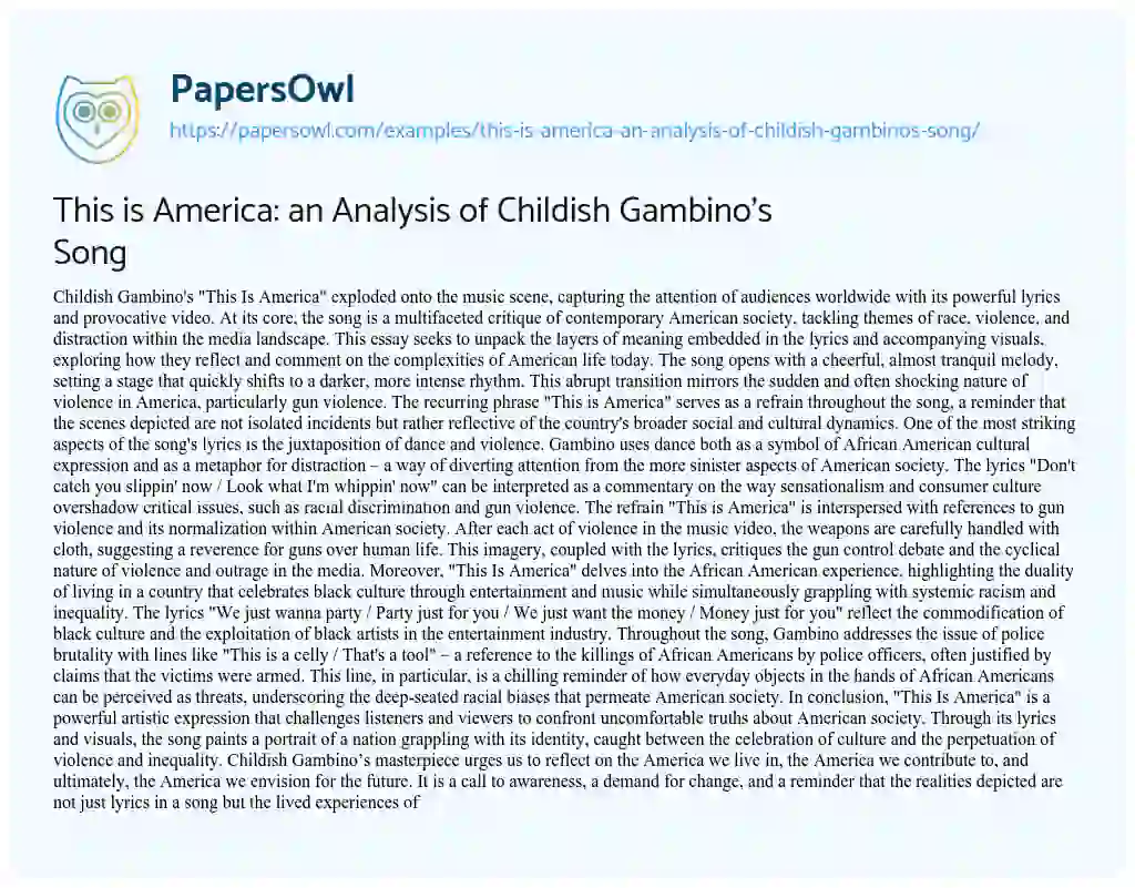 Essay on This is America: an Analysis of Childish Gambino’s Song