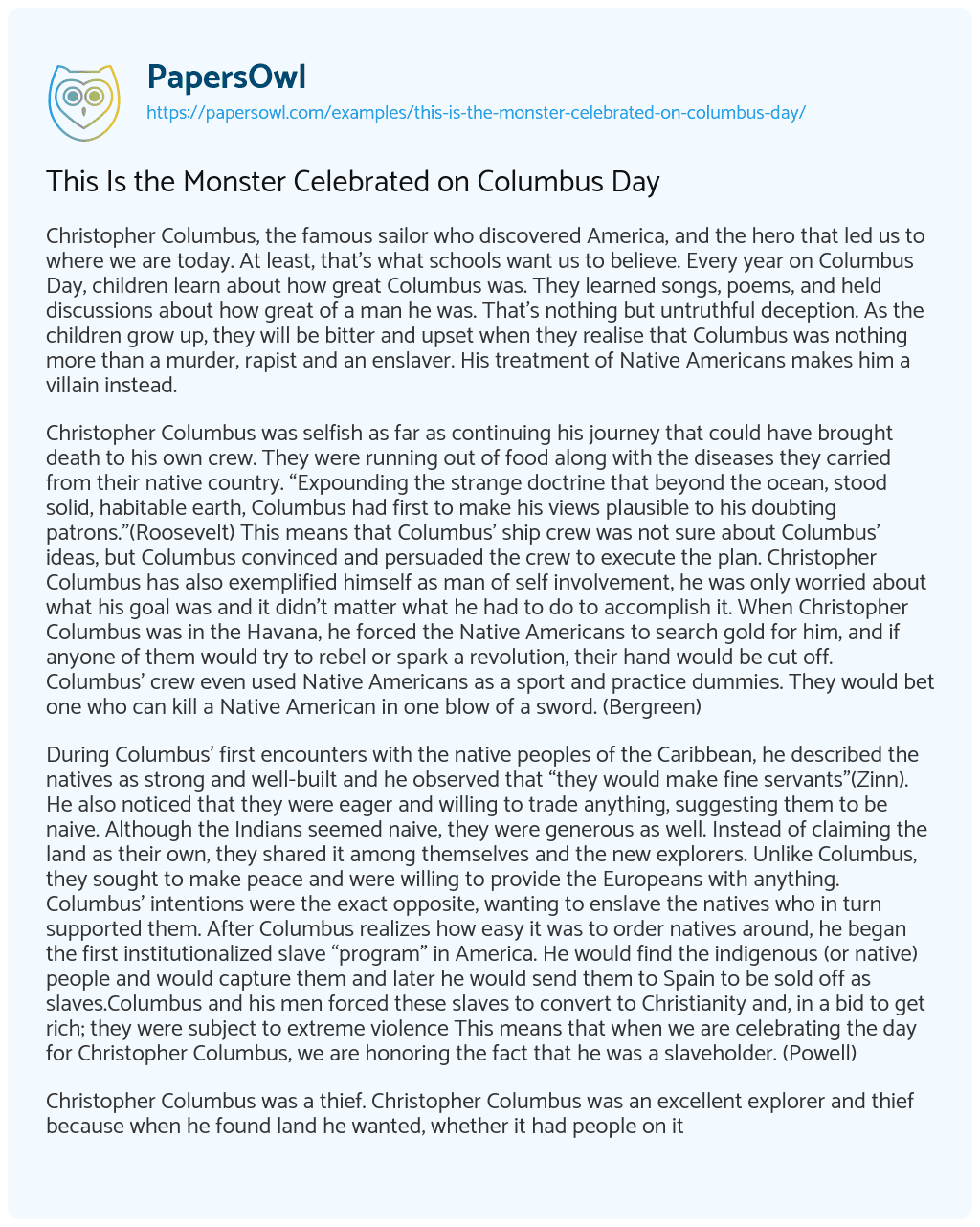 Essay on This is the Monster Celebrated on Columbus Day