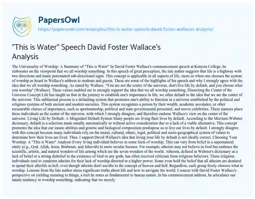 Essay on “This is Water” Speech David Foster Wallace’s Analysis