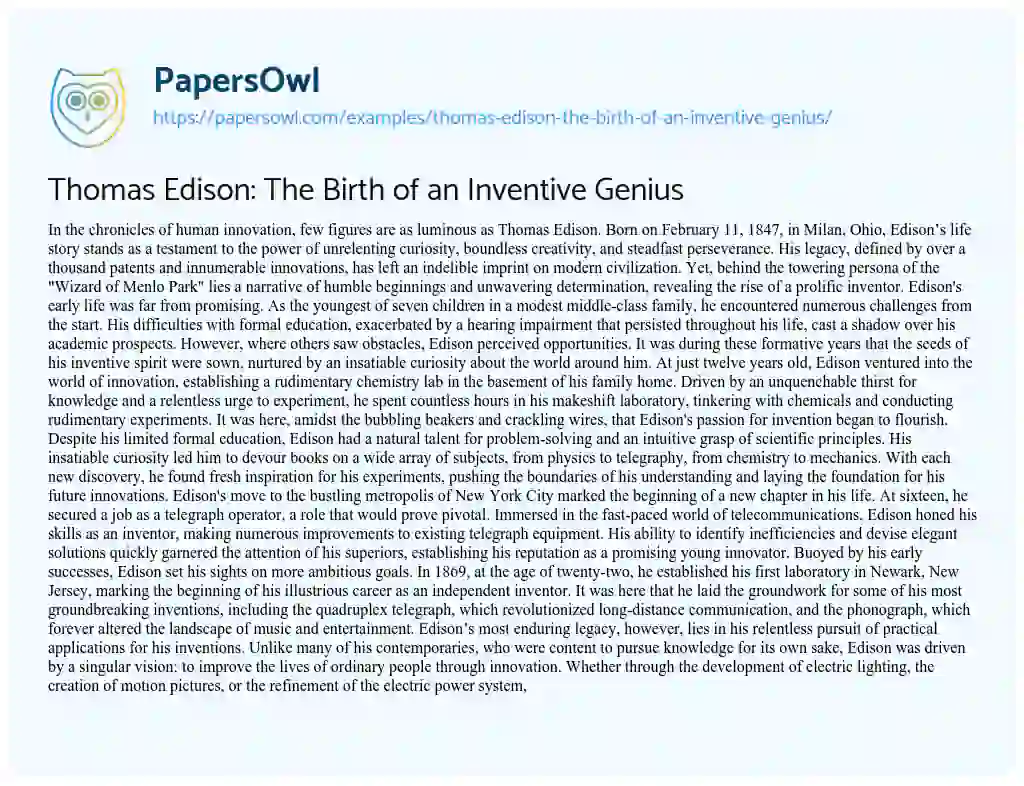 Essay on Thomas Edison: the Birth of an Inventive Genius