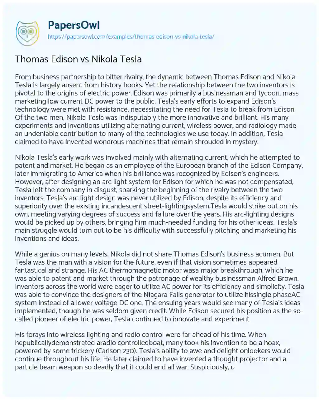 Essay on Thomas Edison Vs Nikola Tesla