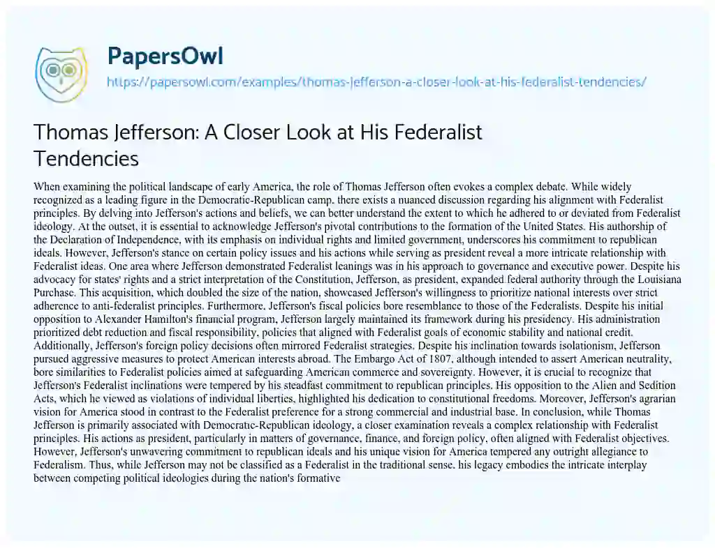 Essay on Thomas Jefferson: a Closer Look at his Federalist Tendencies