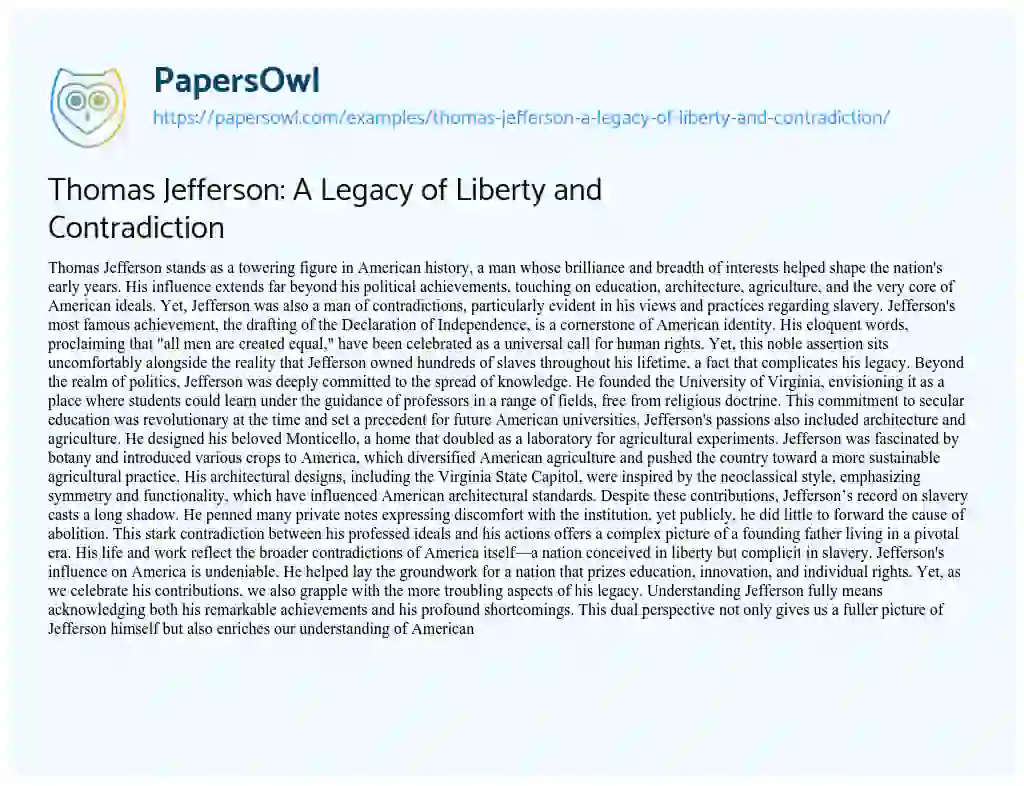 Essay on Thomas Jefferson: a Legacy of Liberty and Contradiction