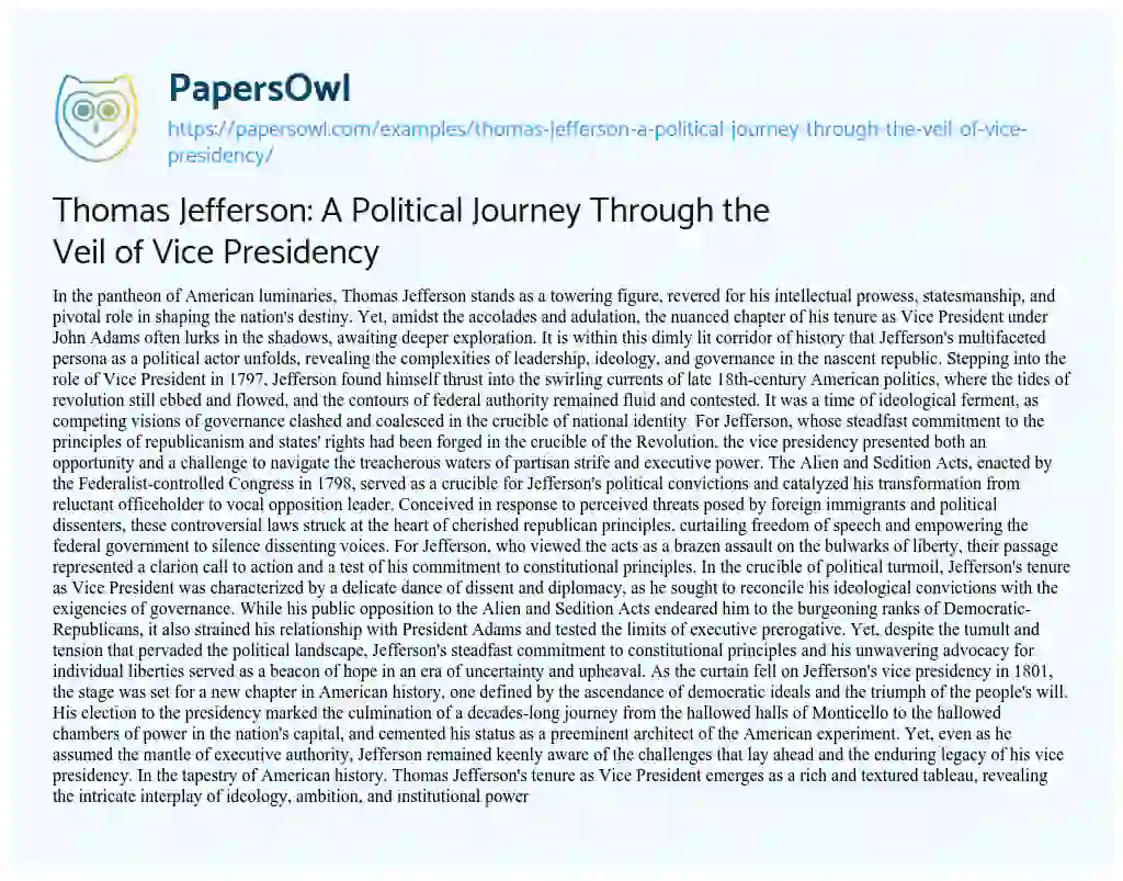 Essay on Thomas Jefferson: a Political Journey through the Veil of Vice Presidency