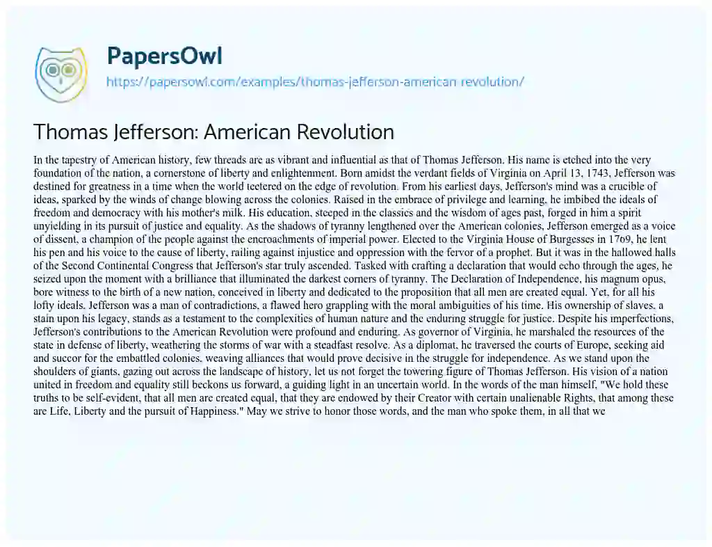 Essay on Thomas Jefferson: American Revolution