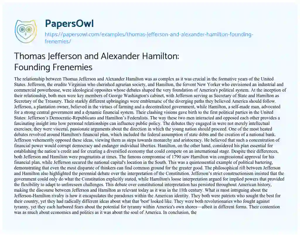 Essay on Thomas Jefferson and Alexander Hamilton: Founding Frenemies