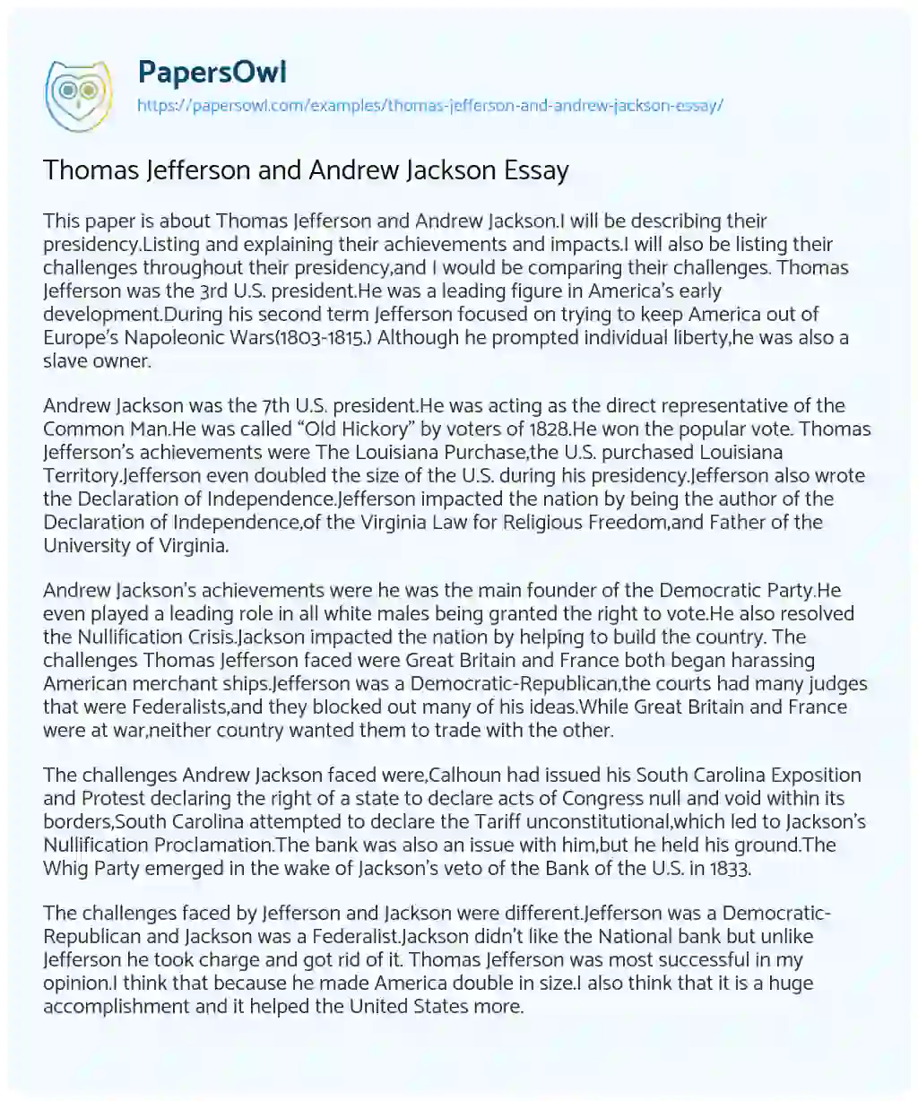 Essay on Thomas Jefferson and Andrew Jackson Essay