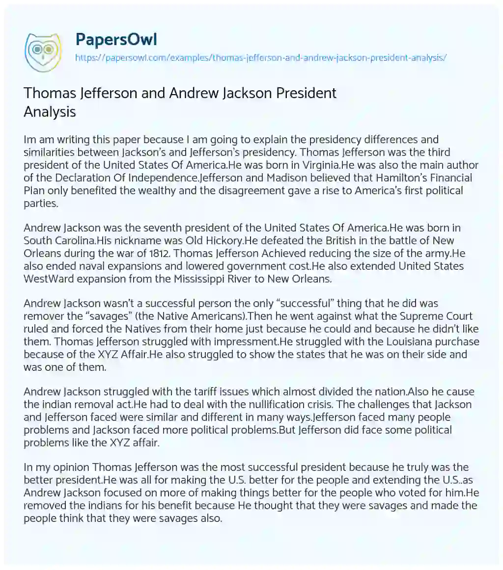 Essay on Thomas Jefferson and Andrew Jackson President Analysis