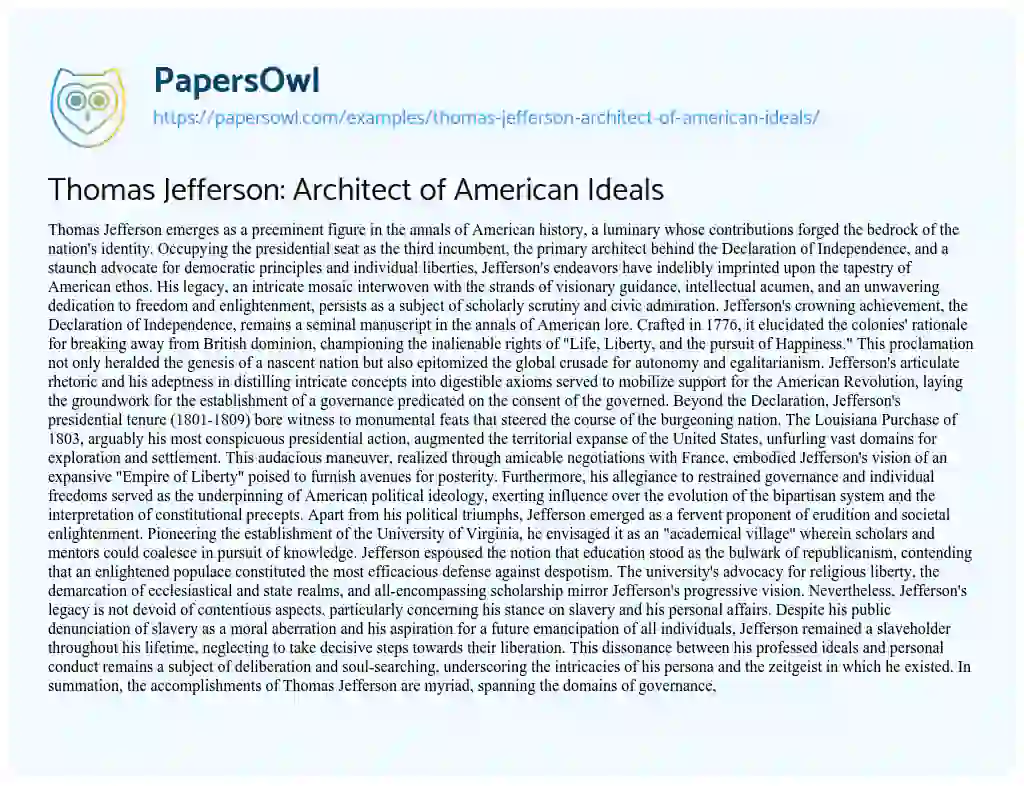 Essay on Thomas Jefferson: Architect of American Ideals
