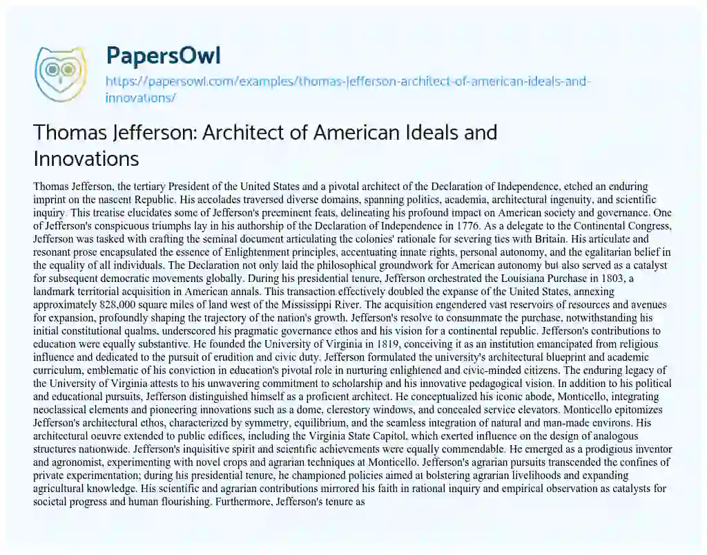 Essay on Thomas Jefferson: Architect of American Ideals and Innovations