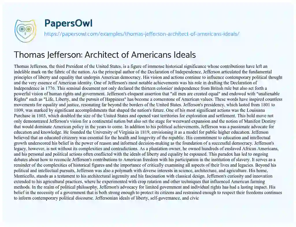 Essay on Thomas Jefferson: Architect of Americans Ideals