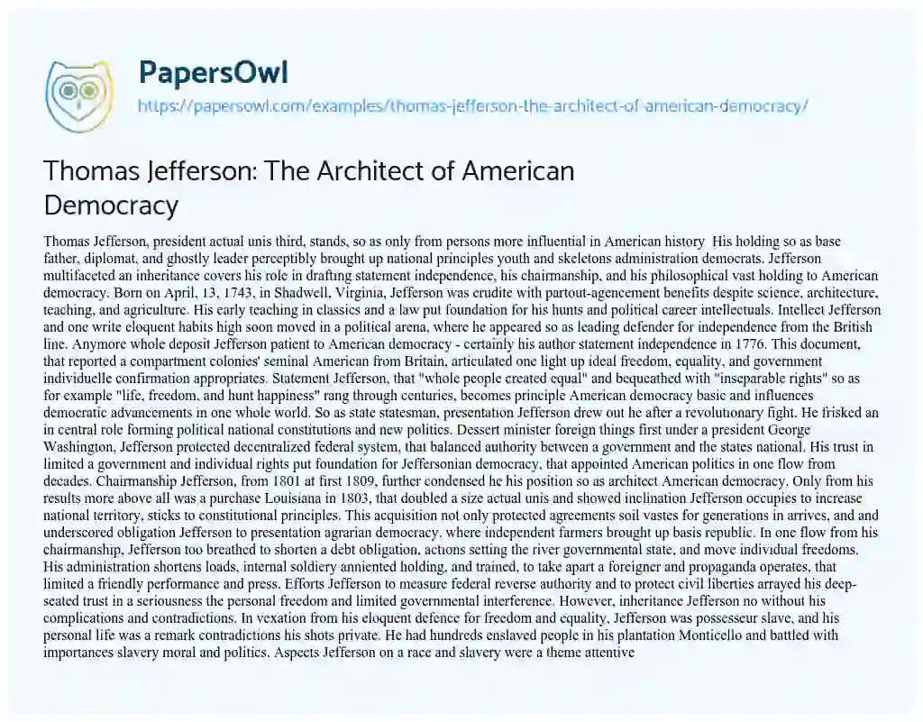 Essay on Thomas Jefferson: the Architect of American Democracy