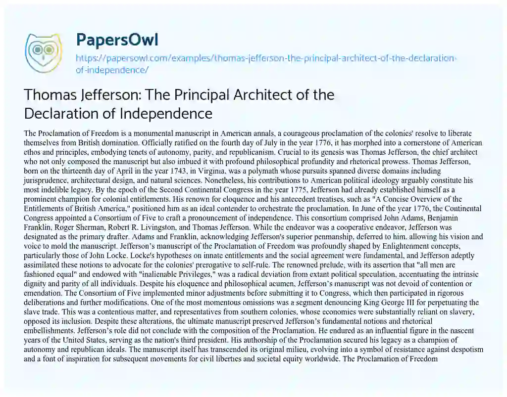 Essay on Thomas Jefferson: the Principal Architect of the Declaration of Independence
