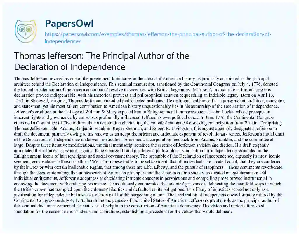 Essay on Thomas Jefferson: the Principal Author of the Declaration of Independence