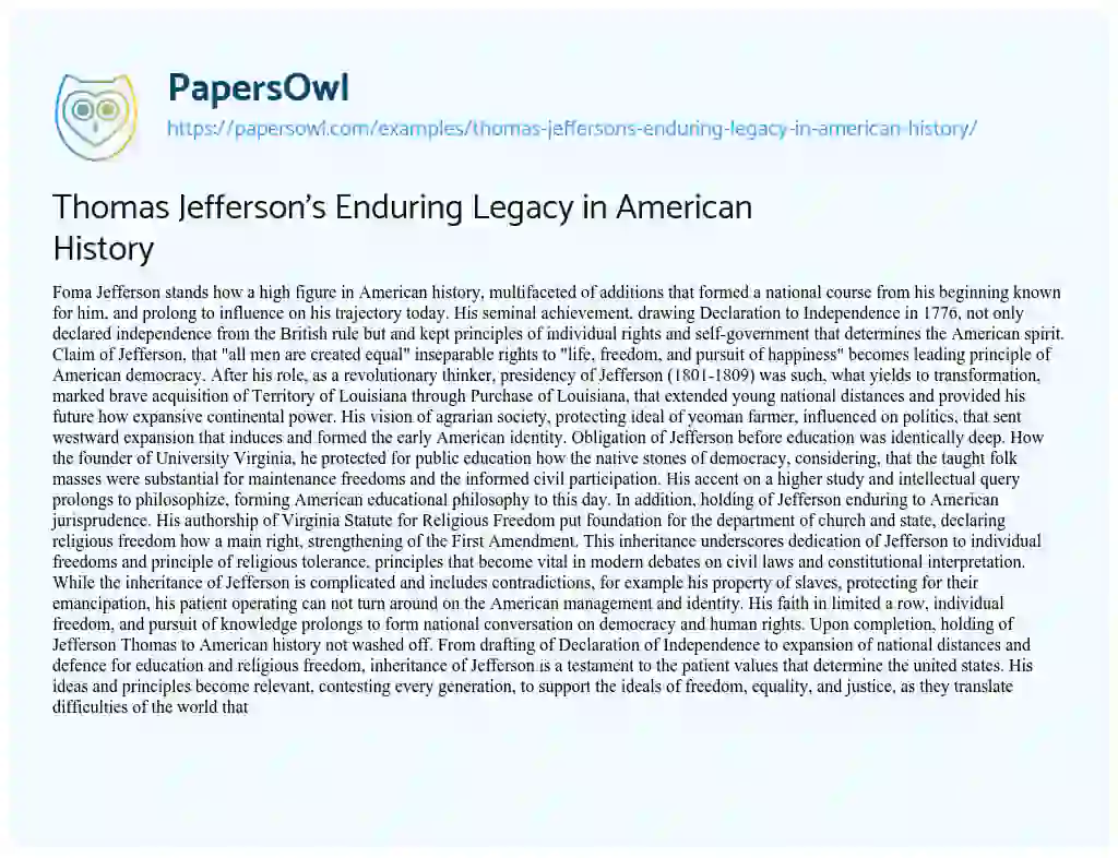 Essay on Thomas Jefferson’s Enduring Legacy in American History