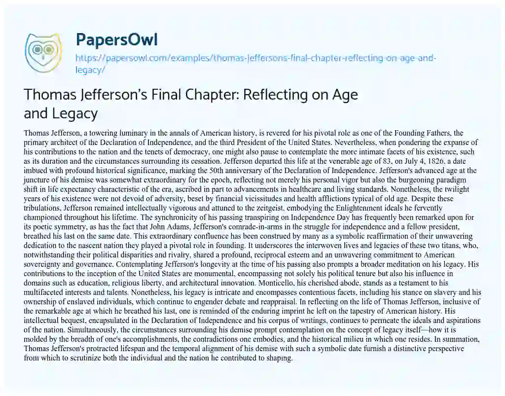 Essay on Thomas Jefferson’s Final Chapter: Reflecting on Age and Legacy