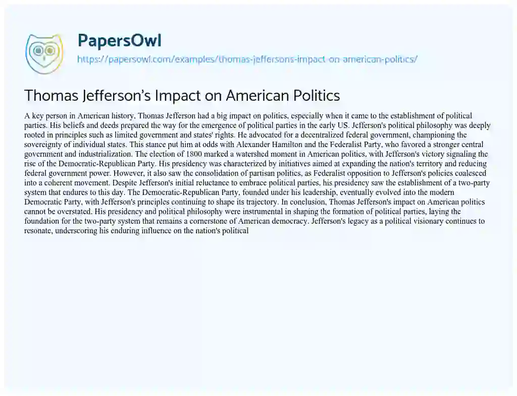 Essay on Thomas Jefferson’s Impact on American Politics