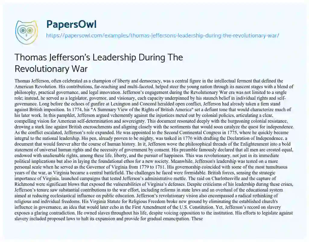 Essay on Thomas Jefferson’s Leadership during the Revolutionary War