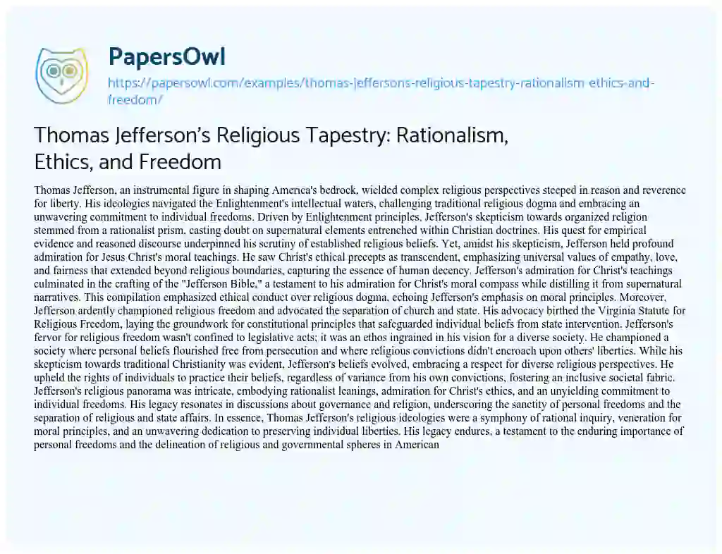 Essay on Thomas Jefferson’s Religious Tapestry: Rationalism, Ethics, and Freedom