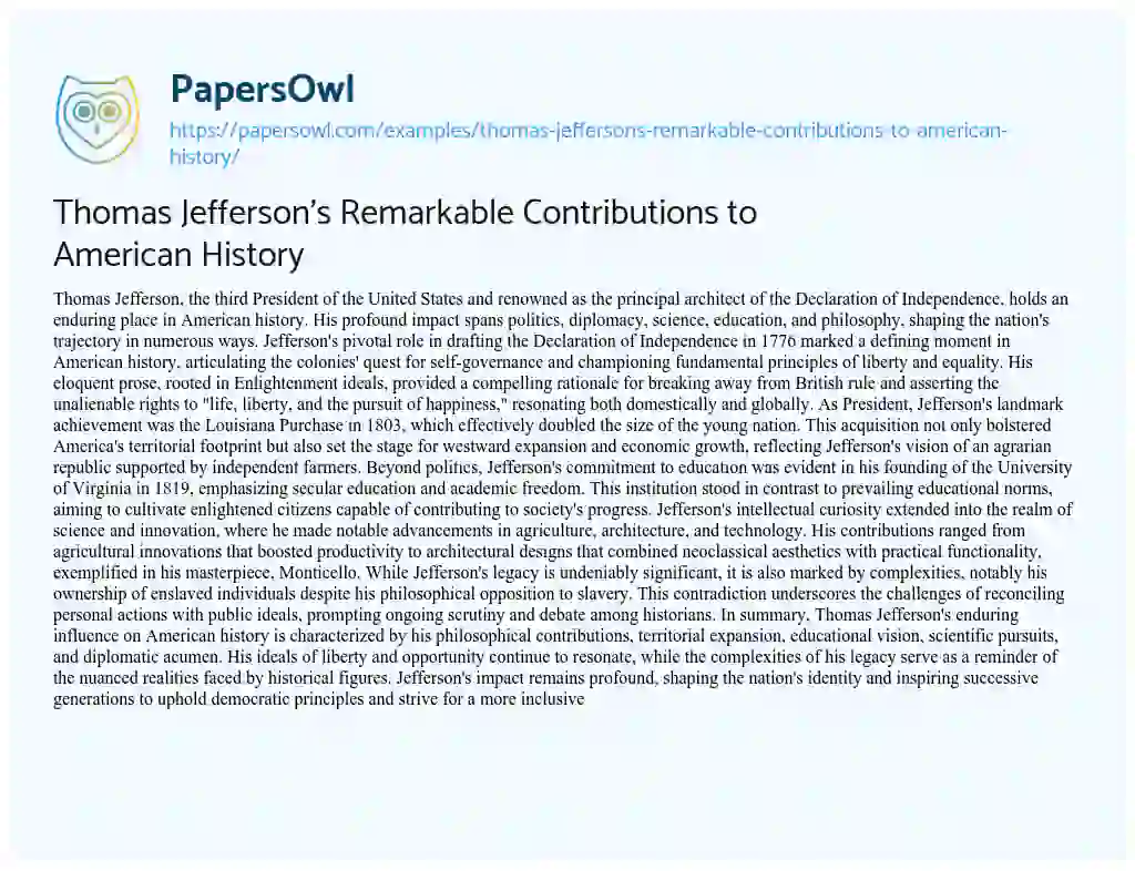 Essay on Thomas Jefferson’s Remarkable Contributions to American History