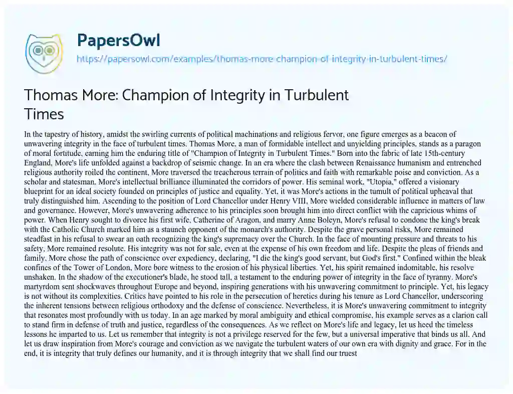 Essay on Thomas More: Champion of Integrity in Turbulent Times