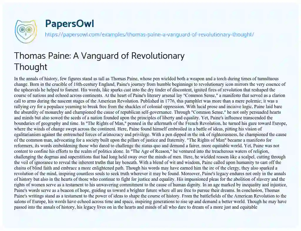 Essay on Thomas Paine: a Vanguard of Revolutionary Thought